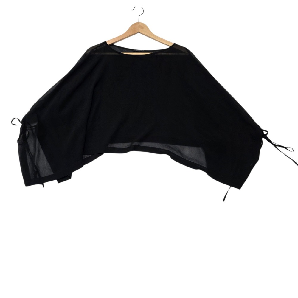 Eileen Fisher Poncho Top Womens S Black Sheer Silk Georgette Batwing Tie Side